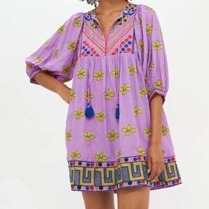 Oliphant Cuff Sleeve Mini Dress - Lucknow Lilac S Oversized Embroidered Boho